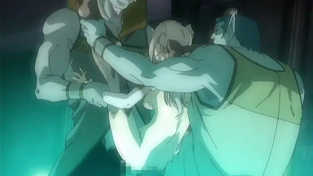 A muscular, beastly male character with pointed ears grips a light-haired woman from behind while another large, muscular man stands behind her, both holding her in a group sex scene. Screenshot from Himekishi Lilia - Episode 5