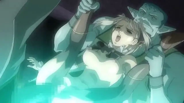 In a fantasy setting, a fair-skinned elf woman with long blonde hair is being held and kissed by a male elf with a beard while she expresses pleasure with her mouth open. Screenshot from Himekishi Lilia - Episode 5