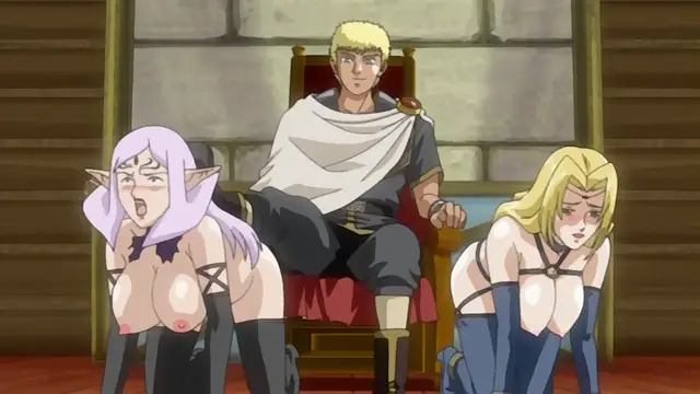 In a throne room, a blonde man sits on a red throne wearing a white cloak while two scantily clad women, one with purple hair and one with blonde hair, kneel on all fours before him, displaying their breasts and looking distressed. Screenshot from Himekishi Lilia - Episode 6