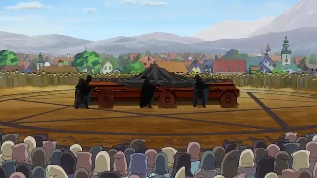 A crowd of onlookers watches from the foreground as a large black-draped casket on a wagon is pulled through an arena by figures in dark robes under a clear sky. Screenshot from Himekishi Lilia - Episode 6