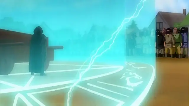 A male figure in a long robe stands inside a glowing blue magic circle while a barrier of electrical energy separates him from a group of armored men in a village. Screenshot from Himekishi Lilia - Episode 6