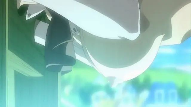 An anime-style illustration of a girl with long white hair wearing a white dress, appearing to be engaged in a sexual act as she leans against a wooden structure. Screenshot from Himekishi Lilia - Episode 6