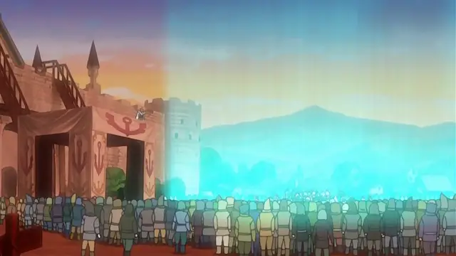 A large crowd of people stands in an arena before a fortified castle gate under a blue and yellow sky. Screenshot from Himekishi Lilia - Episode 6