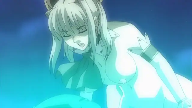 An anime girl with long blonde hair and a white outfit looks down with a dazed, heavy-lidded expression while her breasts are prominently displayed in front of a blue background. Screenshot from Himekishi Lilia - Episode 6