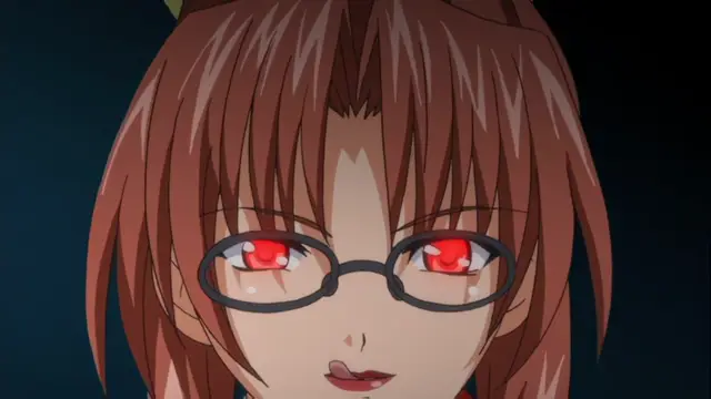 A close-up of an anime girl with brown hair and glasses, featuring red eyes and a slight blush on her cheeks. Screenshot from Kansen Inyoku no Rensa - Episode 1