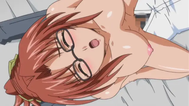 A blushing anime girl with red hair and glasses lies on her back with her breasts exposed and her eyes rolled back. Screenshot from Kansen Inyoku no Rensa - Episode 1