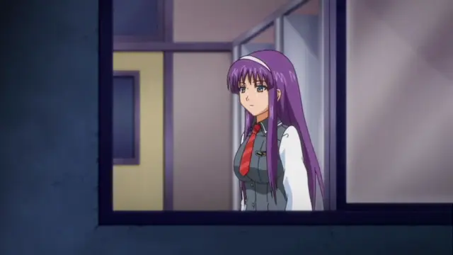 A purple-haired schoolgirl in a uniform stands looking out from behind a glass pane with a worried expression. Screenshot from Kansen Inyoku no Rensa - Episode 1