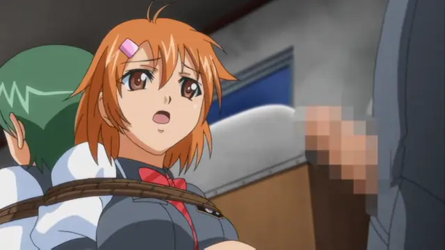 A shocked-looking girl with orange hair and a school uniform is tied to a green-haired man with rope while a man's genitals are shown blurred in the foreground. Screenshot from Kansen Inyoku no Rensa - Episode 1