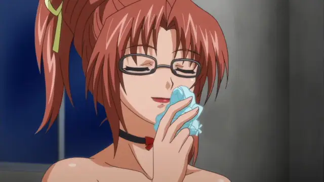 A brown-haired anime girl with glasses and a choker holds a blue cloth to her face with a satisfied expression. Screenshot from Kansen Inyoku no Rensa - Episode 1