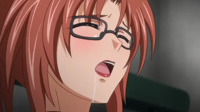 A close-up of a blushing anime girl with glasses and red hair who has her mouth open with drool coming out of it. Screenshot from Kansen Inyoku no Rensa - Episode 1