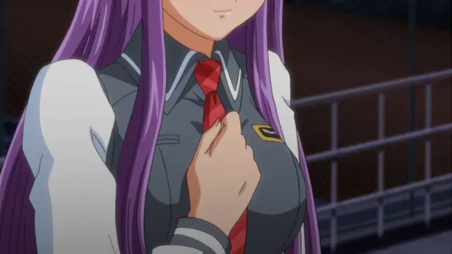 A purple-haired anime girl in a school uniform with a red tie stands in front of a fence, holding her hand against her large breasts. Screenshot from Kansen Inyoku no Rensa - Episode 1
