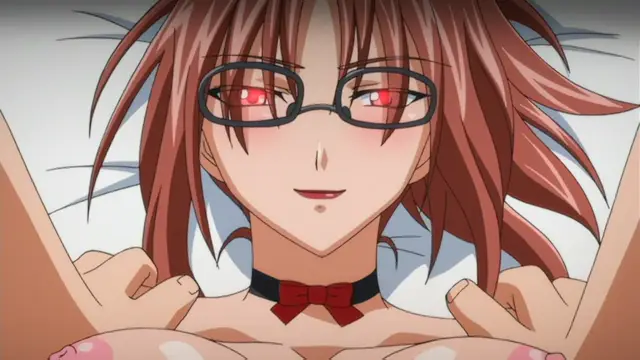 A brown-haired anime girl with glasses and a red bowtie smiles while looking at the camera with red eyes, her breasts exposed and hands raised to her sides. Screenshot from Kansen Inyoku no Rensa - Episode 2