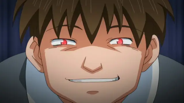 A blushing anime man with spiked brown hair and red eyes smiles with a wide, toothy grin while wearing a light blue collar. Screenshot from Kansen Inyoku no Rensa - Episode 2