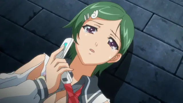 A surprised green-haired anime girl in a school uniform holds a flip phone to her ear while lying on a cobblestone floor, looking shocked and sweating. Screenshot from Kansen Inyoku no Rensa - Episode 2