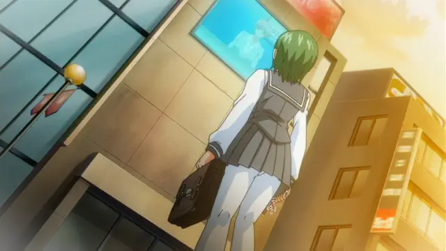 A green-haired schoolgirl in a uniform carrying a briefcase walks past a city building with a billboard featuring a woman's face. Screenshot from Kansen Inyoku no Rensa - Episode 2