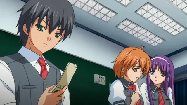 A black-haired young man in a school uniform looks down at a mobile phone while a short-haired orange girl and a long-haired purple girl stand beside him inside a classroom. Screenshot from Kansen Inyoku no Rensa - Episode 2