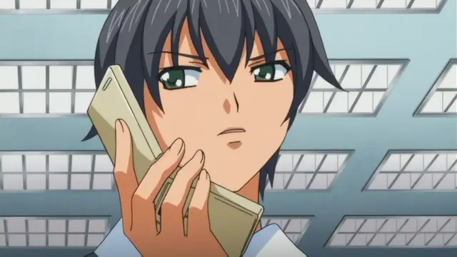 An anime man with black hair and green eyes holds a smartphone to his ear while looking concerned against a background of city buildings. Screenshot from Kansen Inyoku no Rensa - Episode 2