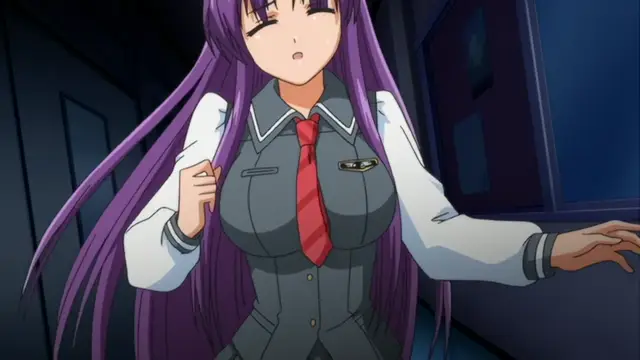 A purple-haired anime girl in a school uniform with a red tie stands in a hallway with a dazed expression, her hands resting near her chest. Screenshot from Kansen Inyoku no Rensa - Episode 2