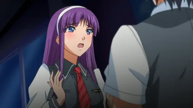 A surprised purple-haired girl in a school uniform looks up at a male character with a flushed face and a small hand gesture. Screenshot from Kansen Inyoku no Rensa - Episode 2
