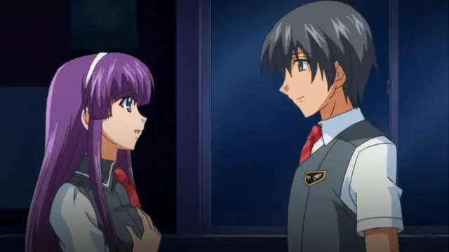 In a school hallway, a purple-haired girl with large eyes looks up at a black-haired boy in a school uniform who is smiling down at her. Screenshot from Kansen Inyoku no Rensa - Episode 2