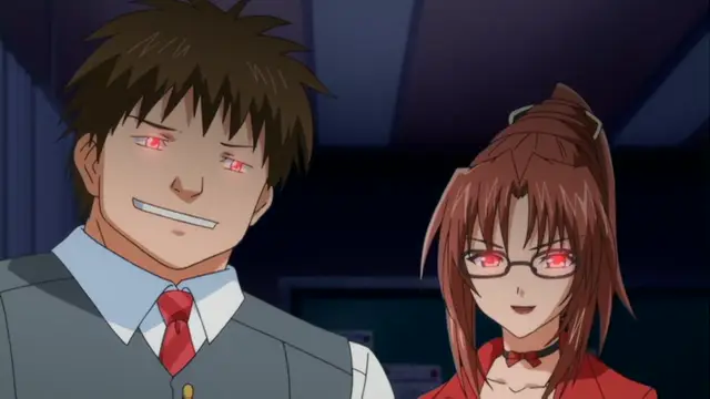 A man in a grey suit and a woman with glasses and a red outfit both have red eyes and wide grins as they look toward the camera in an anime scene. Screenshot from Kansen Inyoku no Rensa - Episode 2