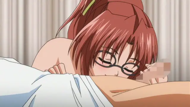 A close-up of a red-haired woman with glasses lying face down on a person's chest, her eyes half-closed and a blushing face. Screenshot from Kansen Inyoku no Rensa - Episode 2