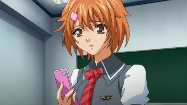 An anime girl with short orange hair and a pink hairclip looks shocked or flustered while holding a pink smartphone in a classroom. Screenshot from Kansen Inyoku no Rensa - Episode 2