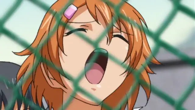An orange-haired anime girl with a pink hair clip screams with her mouth wide open while pressed against a green chain-link fence. Screenshot from Kansen Inyoku no Rensa - Episode 2