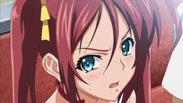 An anime girl with long red hair in twin tails looks down with a tearful, blushing expression while sitting on a couch. Screenshot from Hitou Meguri Kakure Yu Mao Hen - Episode 1