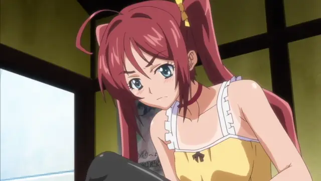 A blushing anime girl with long red hair in twin tails sits on a bed wearing a yellow and white camisole, looking bashful and aroused. Screenshot from Hitou Meguri Kakure Yu Mao Hen - Episode 1