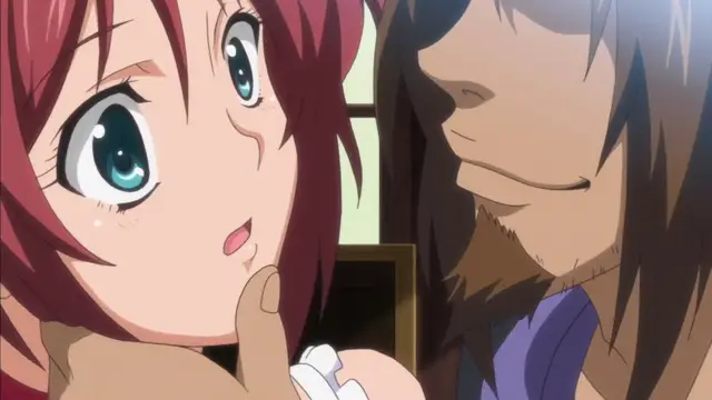 A close-up anime shot features a red-haired girl with wide eyes and a blushing face looking up at a bearded man with a smug expression who has his hand on her chin. Screenshot from Hitou Meguri Kakure Yu Mao Hen - Episode 1