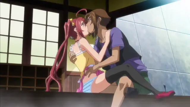 A woman with long pink hair and a man in a purple shirt are shown in a close embrace, with the man kissing the woman's neck while she wears a yellow and pink outfit. Screenshot from Hitou Meguri Kakure Yu Mao Hen - Episode 1