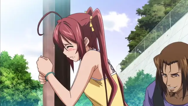 A blushing girl with long red hair leans against a pole with her eyes closed and hands clasped, while a man with brown hair and a goatee watches her with a grin from behind a fence. Screenshot from Hitou Meguri Kakure Yu Mao Hen - Episode 1
