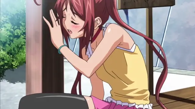 A red-haired girl with blushing cheeks and a dazed expression leans against a wooden pillar in a yellow tank top and pink shorts. Screenshot from Hitou Meguri Kakure Yu Mao Hen - Episode 1