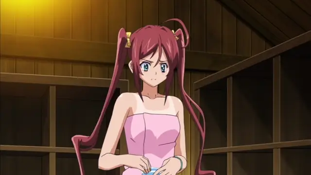 A girl with long reddish-pink hair in pigtails and a pink dress stands inside a wooden room with shelves, looking surprised. Screenshot from Hitou Meguri Kakure Yu Mao Hen - Episode 1