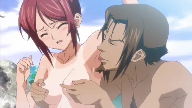 In an anime scene at a beach, a tan man with a beard leans in to lick and touch the breasts of a blushing, embarrassed woman with red hair. Screenshot from Hitou Meguri Kakure Yu Mao Hen - Episode 1