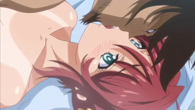 A red-haired anime woman with wide eyes looks up in surprise at a man with brown hair who is positioned over her while they both lay on a blue surface. Screenshot from Hitou Meguri Kakure Yu Mao Hen - Episode 2