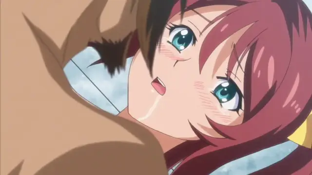 An anime girl with red hair and blue eyes looks up with a surprised expression, her face flushed and sweating as she is held close by a man in a brown coat. Screenshot from Hitou Meguri Kakure Yu Mao Hen - Episode 2
