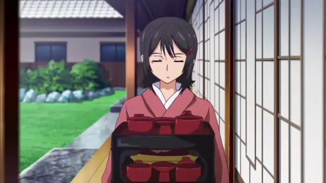 A young woman in a pink kimono stands in a traditional Japanese room with sliding doors, looking down at a multi-tiered food tray with a neutral expression. Screenshot from Hitou Meguri Kakure Yu Mao Hen - Episode 2