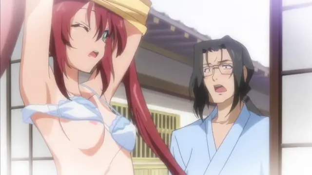 A long-haired red-haired woman in a white bikini top stands with her hands up while a man in a blue yukata looks at her with a shocked expression. Screenshot from Hitou Meguri Kakure Yu Mao Hen - Episode 2