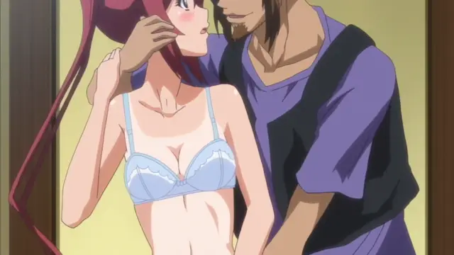 A man with dark hair and a goatee holds a woman with long pink hair in a blue bra against his chest as she looks up at him with a blushing face. Screenshot from Hitou Meguri Kakure Yu Mao Hen - Episode 2