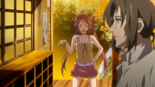 A tall, dark-haired man with glasses watches with a shocked expression as a girl with red hair and pigtails stands in front of him with her eyes closed and mouth open, wearing a short, frilly dress. Screenshot from Hitou Meguri Kakure Yu - Episode 1