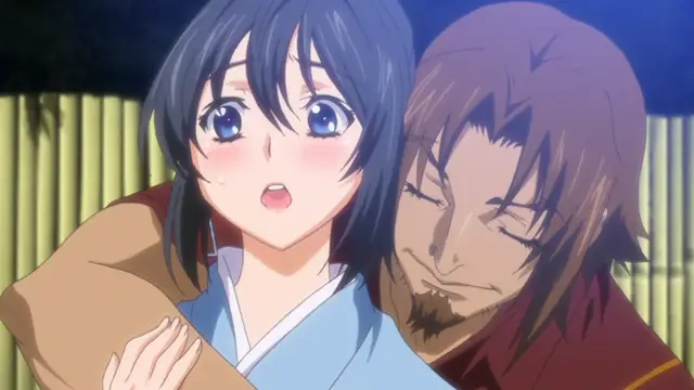 A shocked blue-haired girl with blushing cheeks is embraced from behind by a bearded man with closed eyes in a scene set against a bamboo fence. Screenshot from Hitou Meguri Kakure Yu - Episode 1