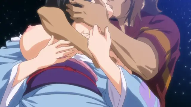 An anime girl in a blue kimono with her clothes pulled down lies on her back while a man with long brown hair and a purple shirt pins her arms down and inserts his penis into her mouth. Screenshot from Hitou Meguri Kakure Yu - Episode 1