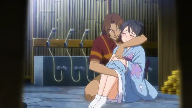 A muscular male character with brown hair and a woman with short blue hair and a white kimono-style robe sit together in a traditional room, with the man embracing her from behind and resting his chin on her shoulder. Screenshot from Hitou Meguri Kakure Yu - Episode 1
