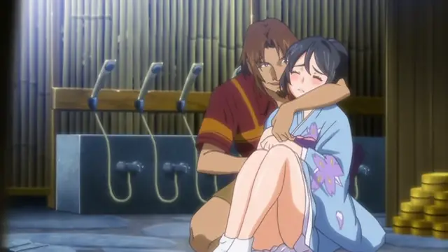 A muscular man in a red yukata sits on the floor of a traditional Japanese room, hugging a blushing girl in a blue kimono from behind as she rests her head against his chest. Screenshot from Hitou Meguri Kakure Yu - Episode 1