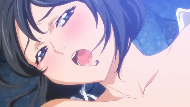 A close-up of a woman with blue hair and a blushing face looking upwards with her mouth open as she lies on a blue surface. Screenshot from Hitou Meguri Kakure Yu - Episode 1