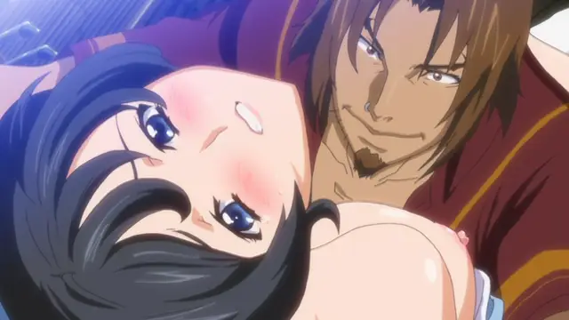 A close-up shot of an anime woman with blue hair lying on her back with a dazed expression while a man with tan skin and brown hair looms over her, smiling deviously. Screenshot from Hitou Meguri Kakure Yu - Episode 1