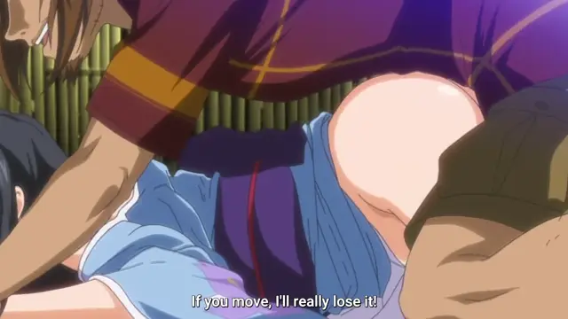 An anime girl in a blue dress lies on her back while being pinned down and penetrated from behind by a man in a dark red and purple shirt, with a subtitle at the bottom reading, "If you move, I'll really lose it!". Screenshot from Hitou Meguri Kakure Yu - Episode 1