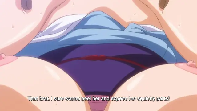 A close-up shot shows a character in blue and purple lingerie with large breasts and a visible pubic area, accompanied by the subtitle "That brat, I sure wanna peel her and expose her squishy parts!". Screenshot from Hitou Meguri Kakure Yu - Episode 1